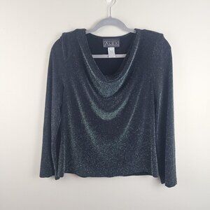 Alex Evenings sz S black silver metallic shoulder pad cowl neck top dressy